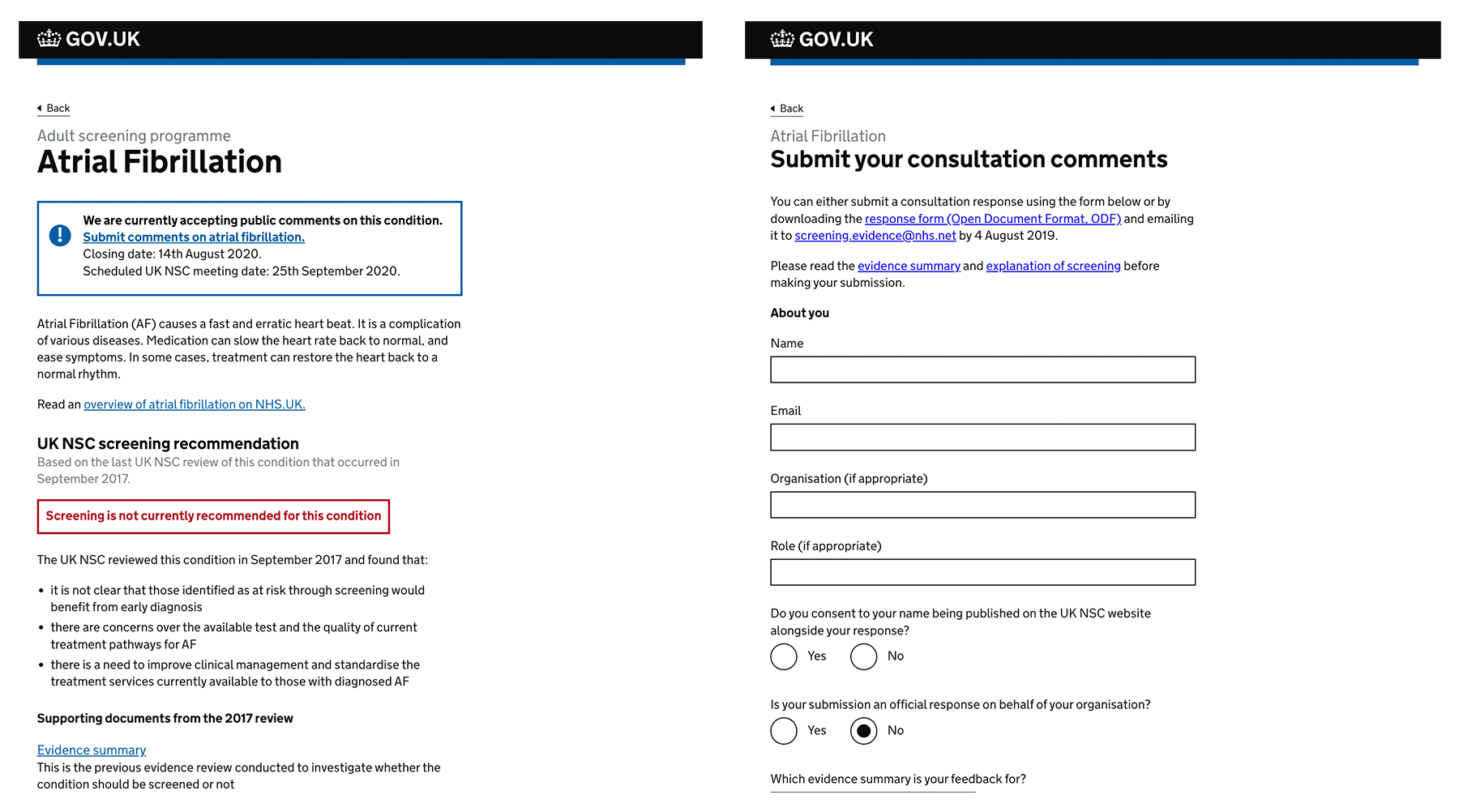 Screengrabs showing the modal box design on the condition page (left), and a comments form for users to take part in a consultation (right). Users had to reach this form to download consultation documents.