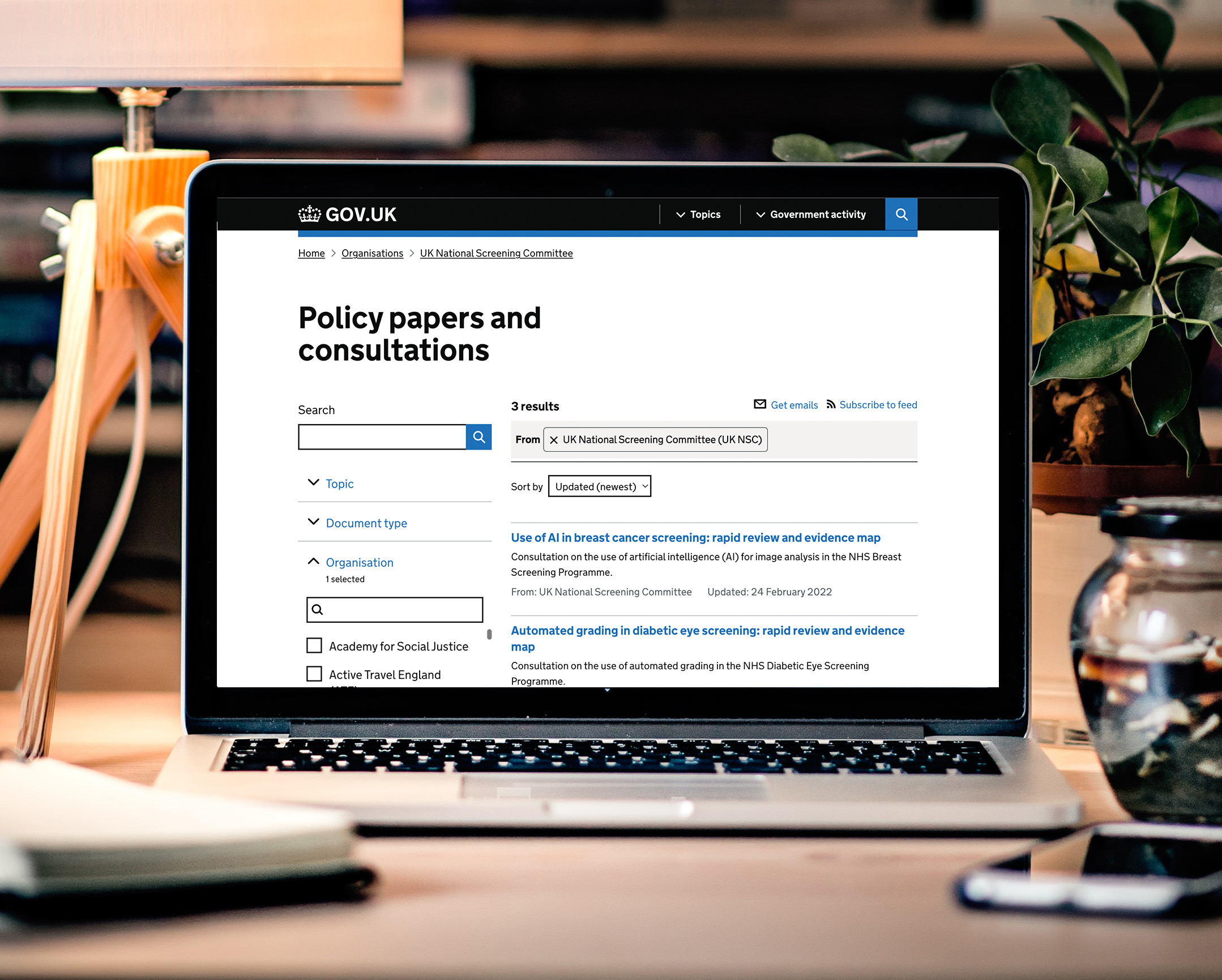 An image showing the policy papers and consultations page of the UK NSC website.
