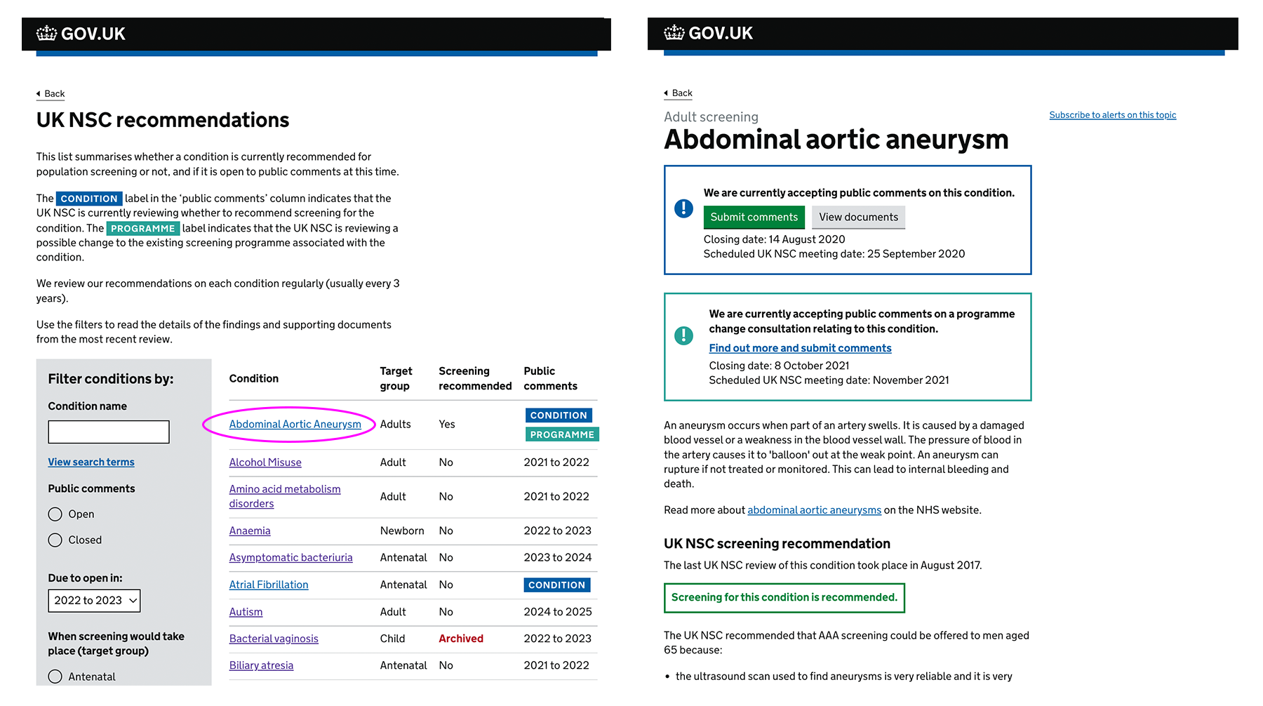 Screengrabs showing new webpage designs for the UK NSC topic search page and condition page.