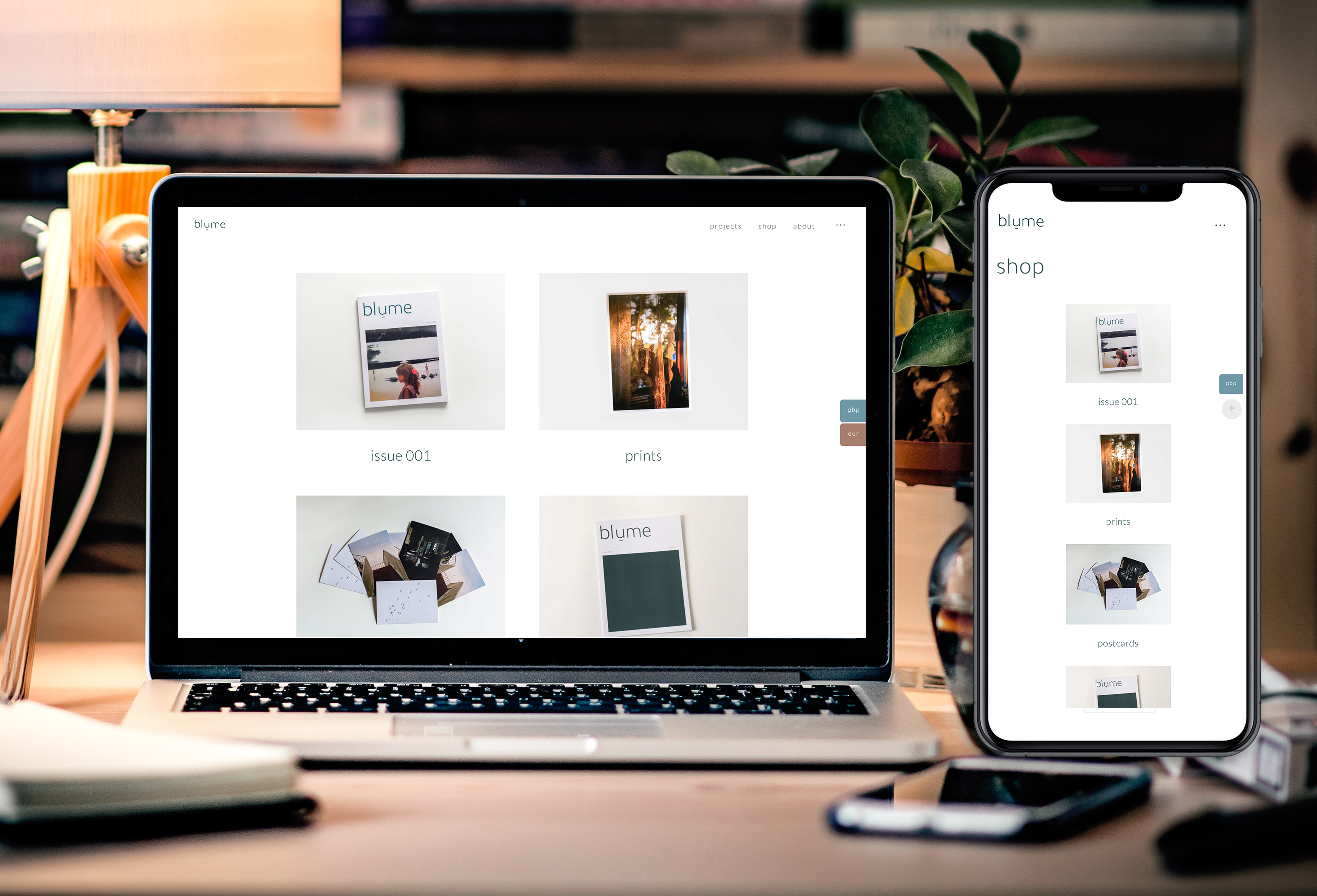 Mockups showing the blume shop designs on desktop and mobile.
