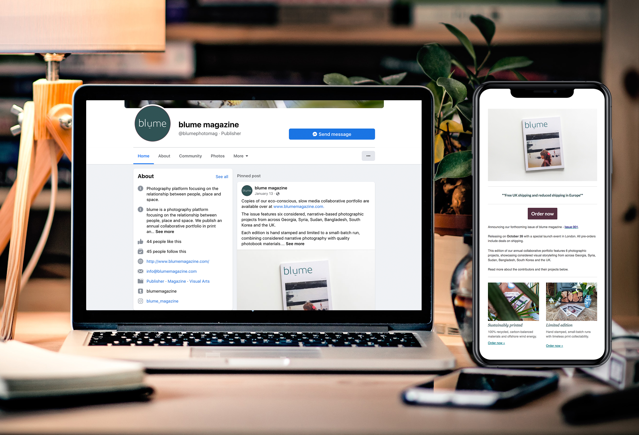 Mockups showing a multi-channel digital campaign driving users towards specific pages from Facebook (left, desktop) and email newsletter (right, mobile).