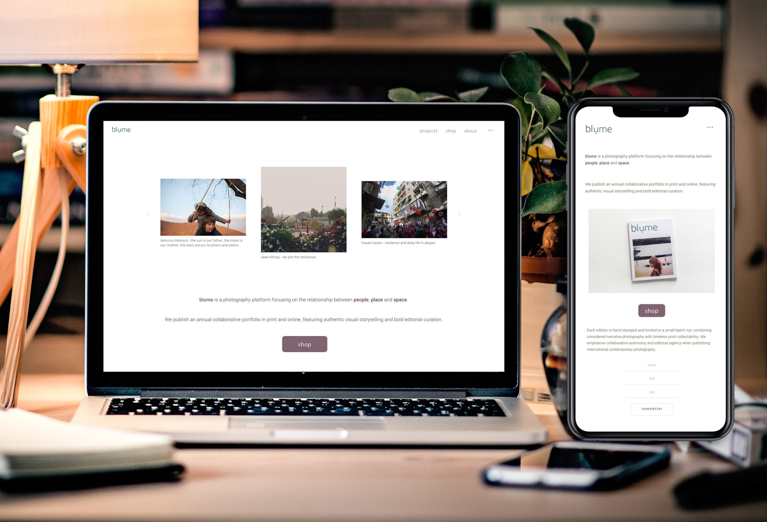 Mockups showing the blume homepage designs on desktop and mobile.